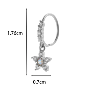 Detail view of flower-shaped titanium steel nose stud with zircon inlay and dimensions