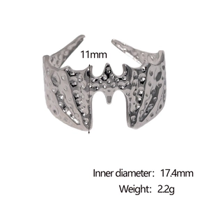 Detailed view of silver bat open ring with dimensions 11mm height and 17.4mm diameter