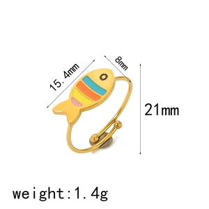 Detail of adjustable gold ring with colorful enamel fish charm and dimension labels