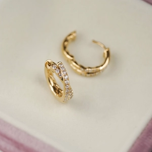 Exquisite 18K gold plated S925 silver double row crystal huggie earrings for women