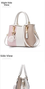 Detail view showing three-color patchwork leather handbag with fashion pearl charm
