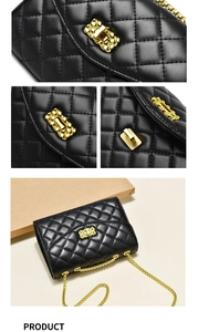 Macro shot of gold twist lock and quilted leather texture on a black chain bag