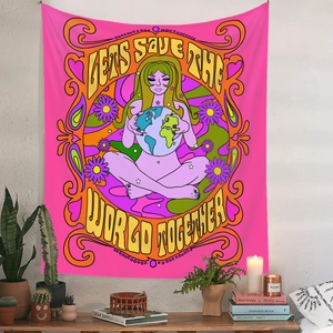 Detail of bohemian pink tapestry with Let's Save The World Together text on white wall