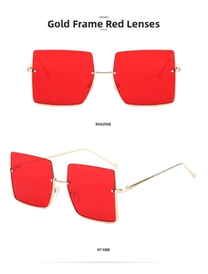 Detailed front and side views of gold metal frame square sunglasses with red lenses
