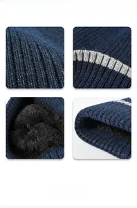 Detailed views of navy knit beanie featuring grey stripes and thick black fleece lining