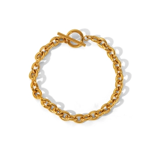 Minimalist gold link chain bracelet with OT toggle clasp in polished stainless steel finish