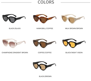 Detailed color chart of cat-eye sunglasses in black, tortoise, and champagne finishes