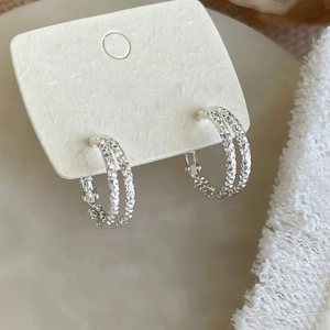 Double Layer Textured Hoop Earrings With 925 Sterling Silver Earring Post Geometric Circular Silver Color Jewelry For Women