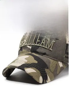 Macro detail of jungle camouflage baseball cap featuring 3D SEAL TEAM embroidery