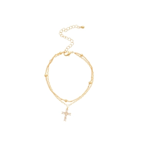Elegant double-layered gold bracelet featuring a zircon cross pendant and small bead chain