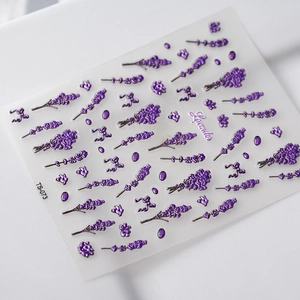5D embossed lavender nail art stickers with purple floral and bow designs for manicure