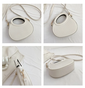 Multi-angle views of a cream-colored pleated round handbag with gold hardware and top handle