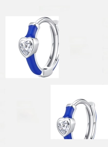 Detailed view of S925 sterling silver hoop earrings with blue enamel heart and 5A zircon