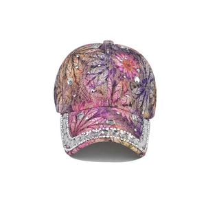 Close-up of floral baseball cap with purple prints and sparkling rhinestone embellishments