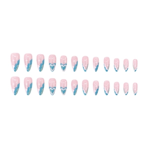 Press-on almond nails featuring blue and pink heart designs with cloud and star patterns