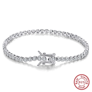 Detail of S925 sterling silver tennis bracelet with sparkling round-cut cubic zirconia