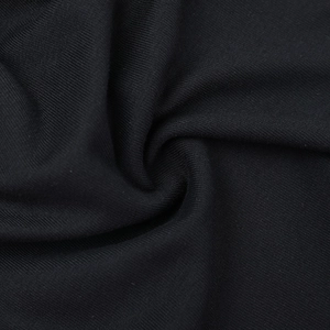 Close-up of black ribbed knit fabric showing soft texture and elastic material quality