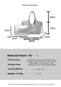 Detailed size chart for silver tote bag with dimensions and material specifications