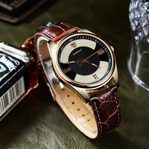 Business style men's watch with gold case, black and white dial, and brown leather strap
