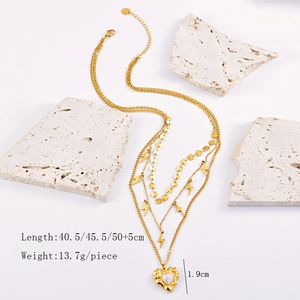 Detail view of gold layered necklace showing 1.9cm heart pearl pendant and length specs