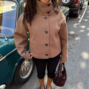 Women Woolen Short Jacket Stand Collar Solid Color Camel Single Breasted Long Sleeve Casual Outerwear Fashion Coat