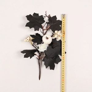Detail showing 33cm Halloween floral pick with black maple leaves and white pumpkin