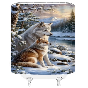 Detail of 3D wolf print on waterproof shower curtain featuring snowy mountains