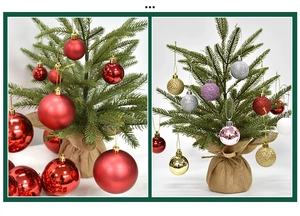 Detailed view of red Christmas baubles and decorated tree with various finishes