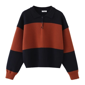 Women Striped Polo Knit Sweater Long Sleeve Color Block Button Up Casual Pullover Knitwear Tops