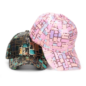 Sparkly sequin baseball caps with geometric grid pattern in pink and black styles