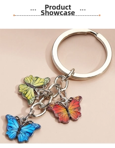 Detail view of colorful alloy butterfly charms with silver key ring for bags and keys