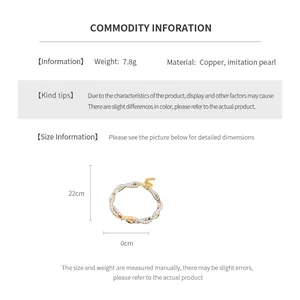 Detailed size and material information for the pearl bracelet made of copper and imitation pearls