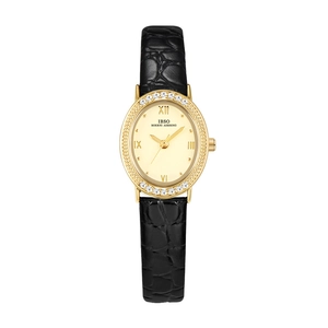 Elegant oval gold watch with diamond bezel and black leather strap for women