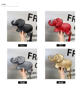 Detail view of cute elephant-shaped crossbody bags in black, burgundy, grey, and gold colors