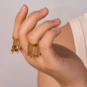 French style gold stainless steel fringe rings with ball pendants for women fashion