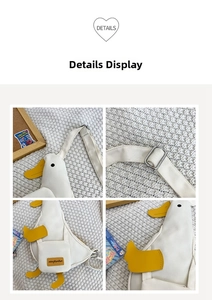 Detail shots of a cute white canvas duck chest bag with yellow beak and adjustable strap
