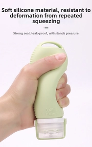 Macro detail showing hand squeezing a flexible 100ml green silicone travel bottle