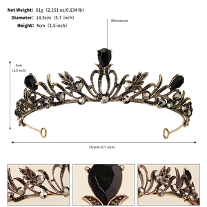 Detailed view of alloy crown with black rhinestones and product size specifications