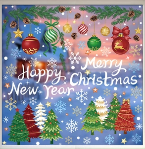 Detaillierte Weihnachtsfensterbilder mit festlichen Bäumen, Schneeflocken und Rentieren