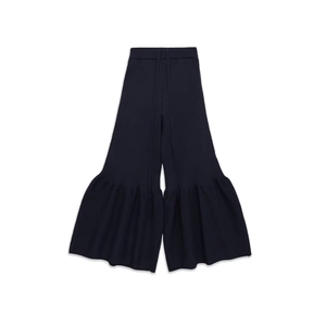 Women's dark blue ribbed knit trousers with drawstring waist and ruffle flare hem