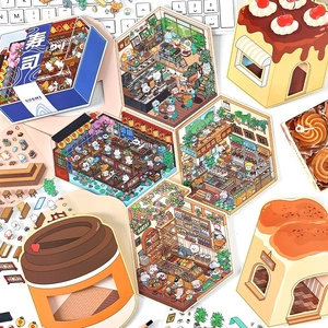 3D PET stickers featuring miniature shop scenes like sushi bars and bakeries for scrapbooking