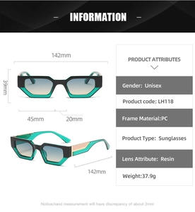 Detailed size chart of retro square sunglasses with frame dimensions and specifications