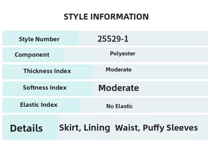 Tableau des tailles pour robe en polyester avec doublure et manches bouffantes