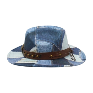 Retro patchwork denim cowboy hat with brown leather rivet band for travel and street style