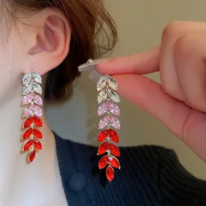 Gradient leaf tassel earrings with silver needles and crystals for a luxurious style