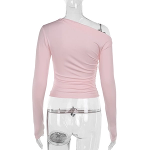 Back view of pink off-shoulder slim-fit long sleeve top on a mannequin