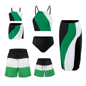 Family beachwear set with green, black, and white geometric color block stitching