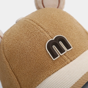 Brown wool winter baby baseball cap with ears and M letter embroidery