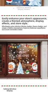 Close-up of Merry Christmas window decals with Santa, reindeer and snowflakes stickers