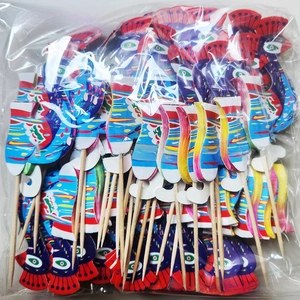 Bulk pack of colorful paper peacock picks with wooden sticks for party decoration
